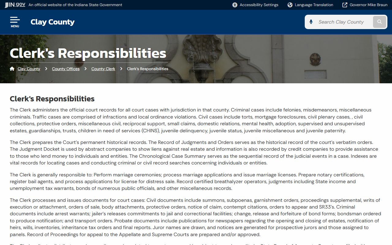 Clay County clerk responsibilities page probate records Indiana