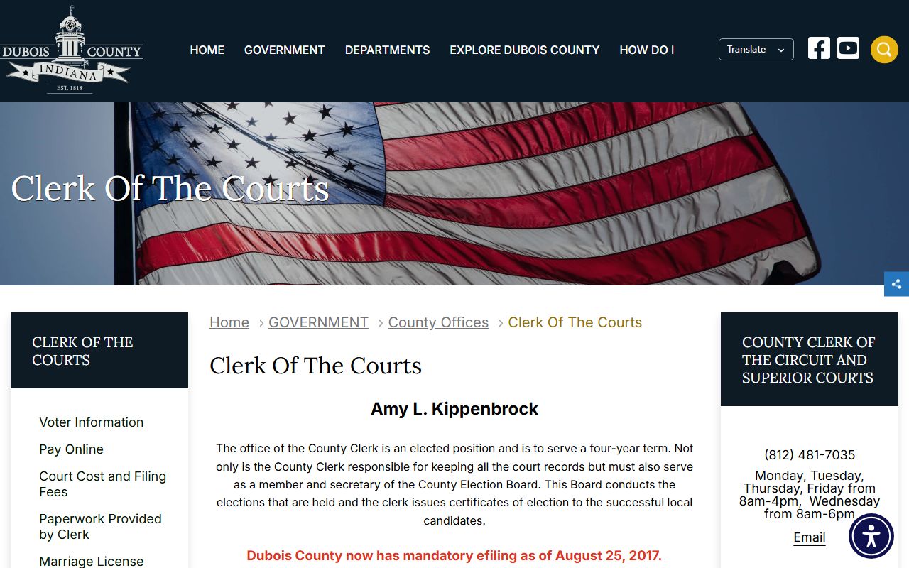 Dubois County Clerk of Courts office page for Dubois County probate court records
