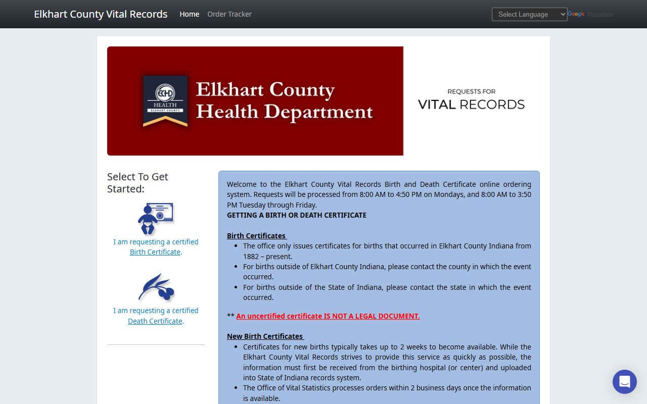 Elkhart County vital records portal linked to probate court records process