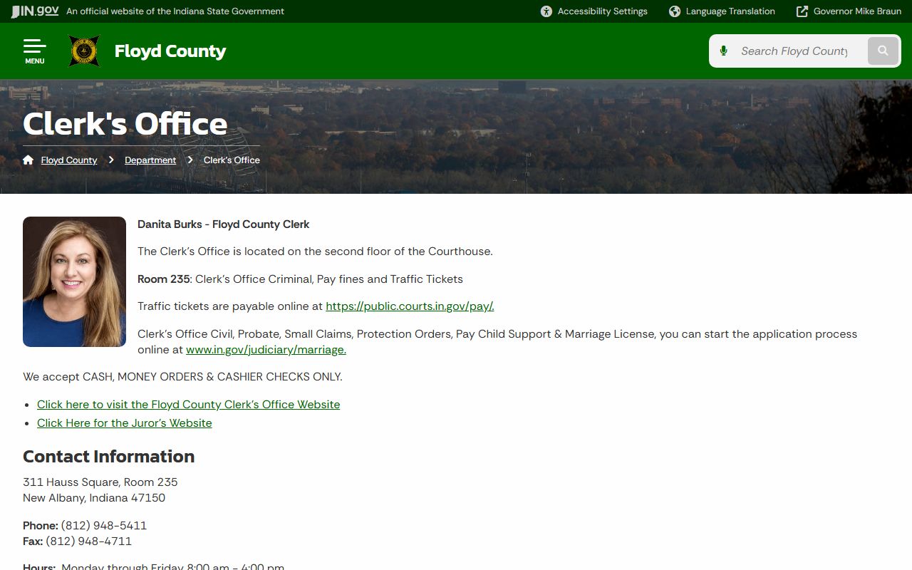 Floyd County Clerk's office department page for Indiana probate court records