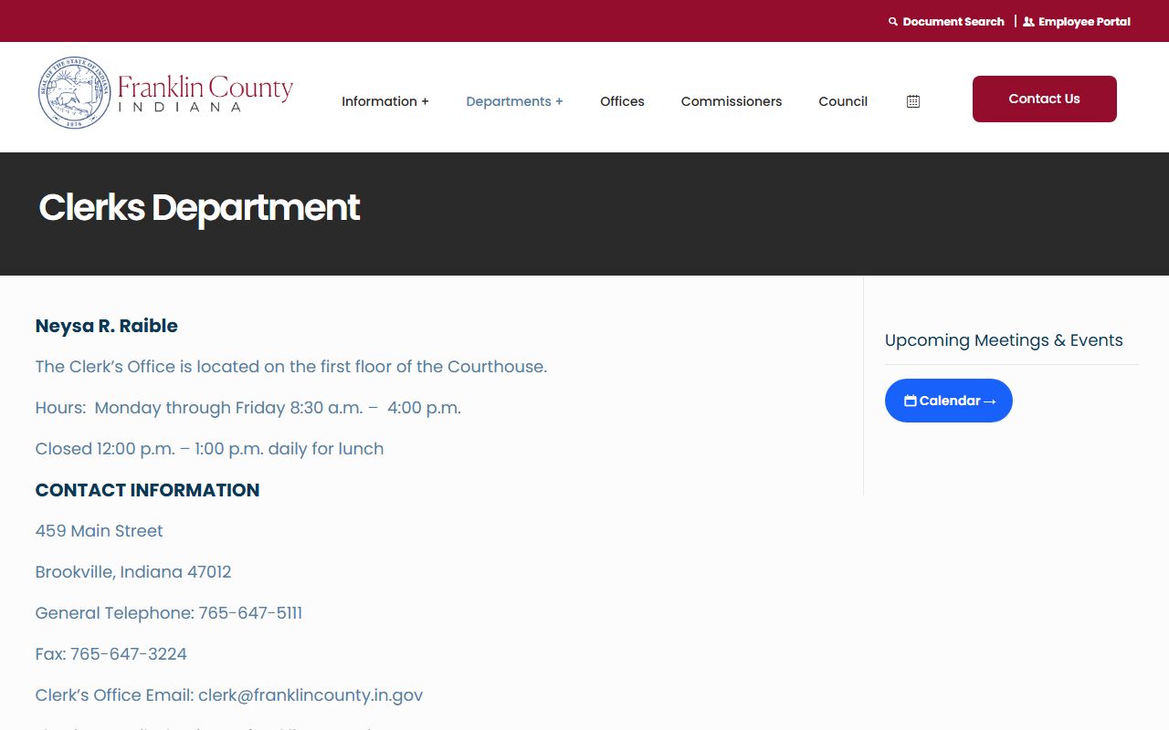 Franklin County Clerk department page for probate court records in Brookville