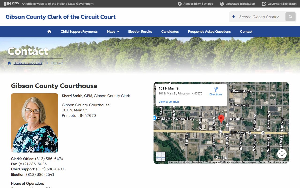 Indiana government Gibson County Clerk contact page for probate court records
