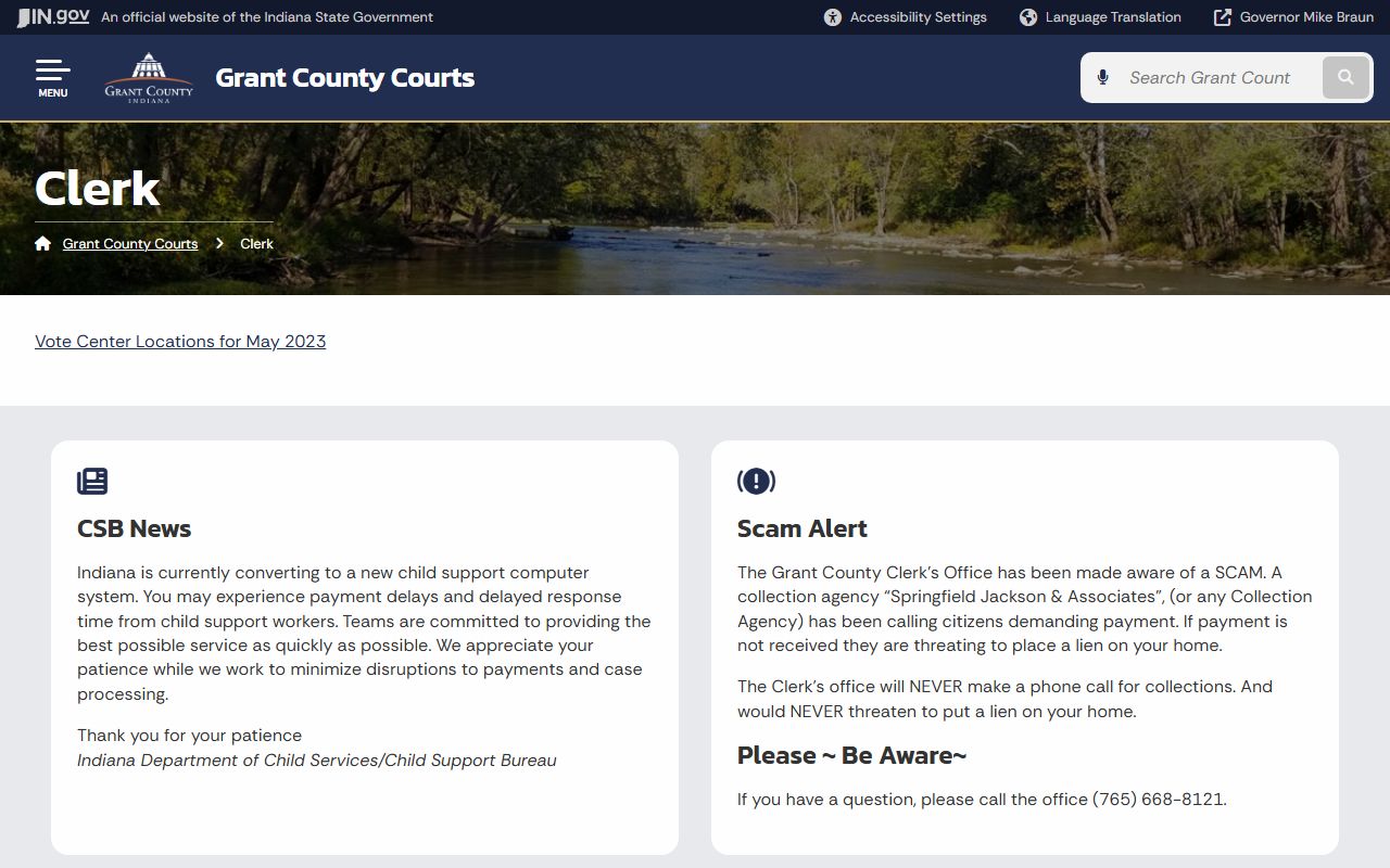 Indiana government Grant County Clerk page for probate court records