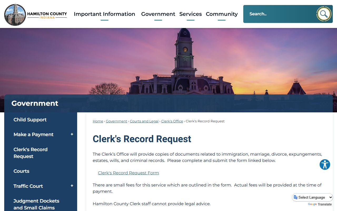 Hamilton County Clerk records request form for probate court records
