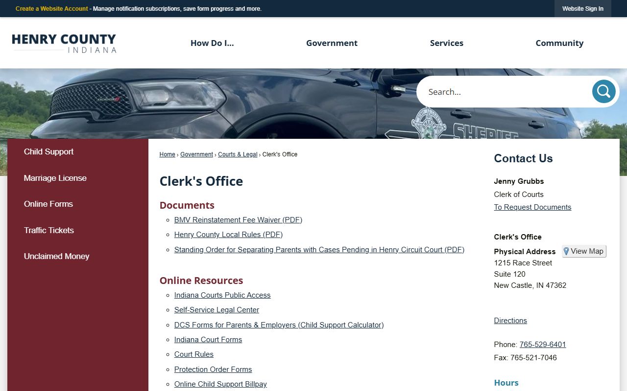 Henry County Clerk's Office page for Henry County probate court records in New Castle