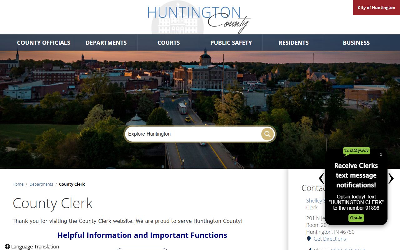 Huntington County Clerk department page for Huntington County probate court records