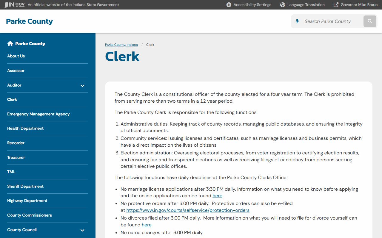 Indiana state Parke County clerk probate records page
