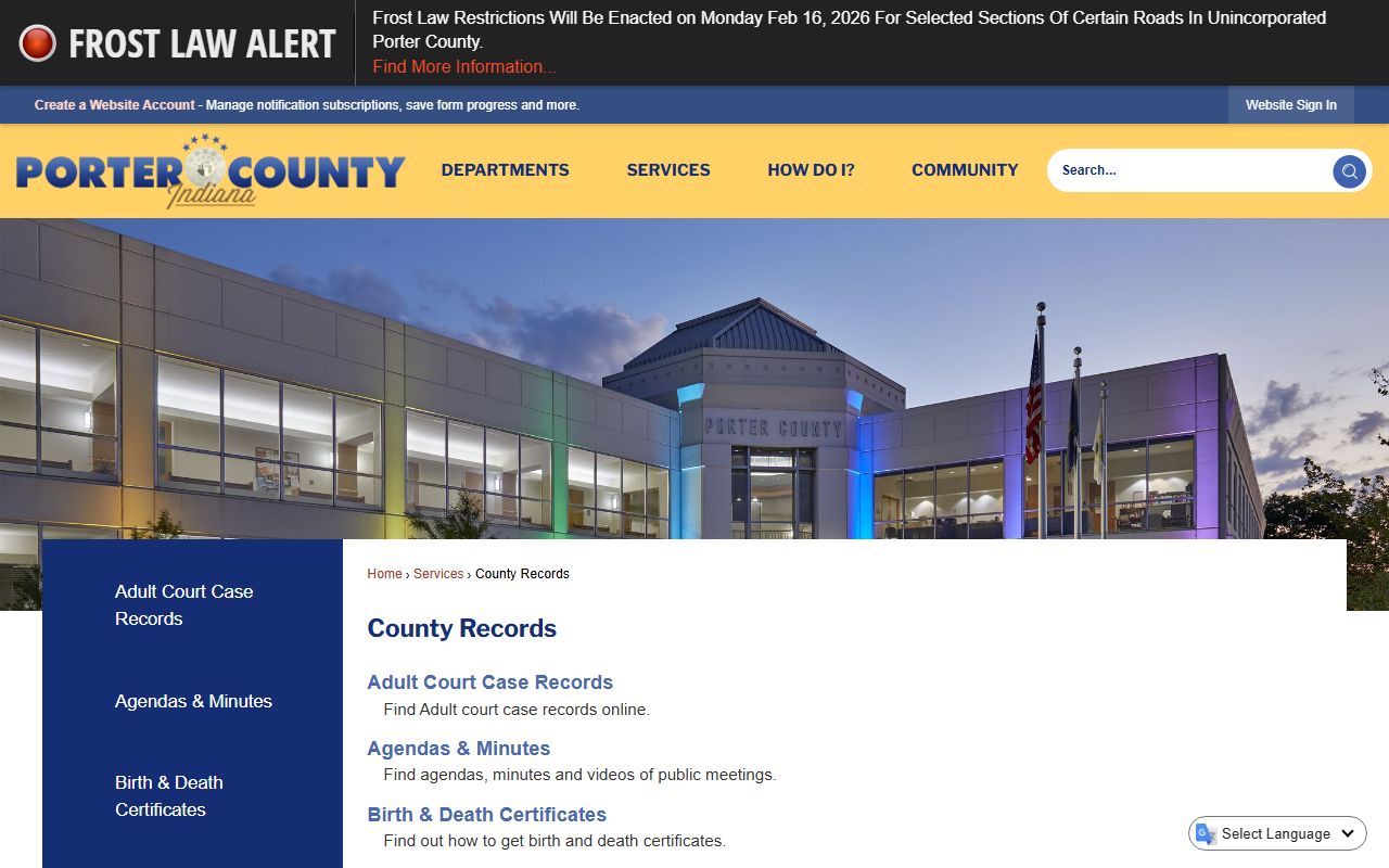Porter County records page probate court documents