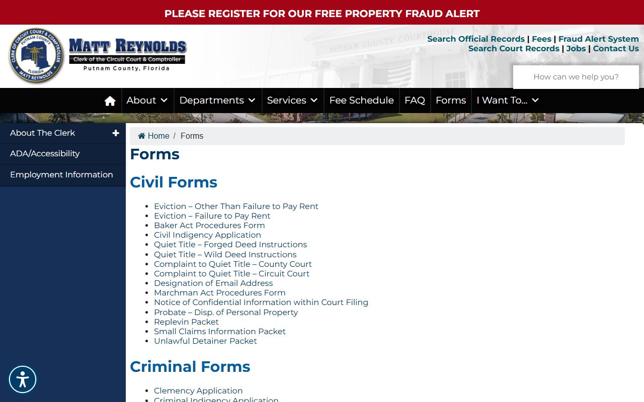Putnam County clerk forms probate court records