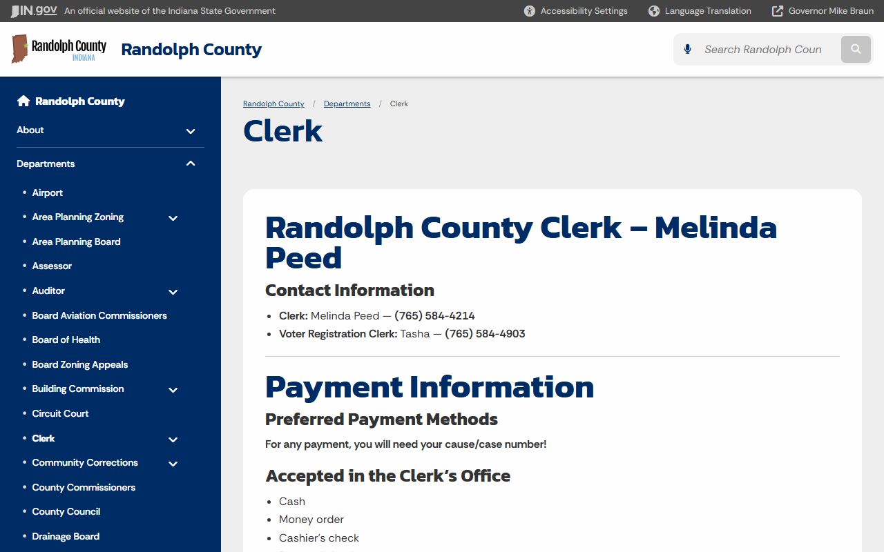 Randolph County clerk page for probate court records in Winchester Indiana