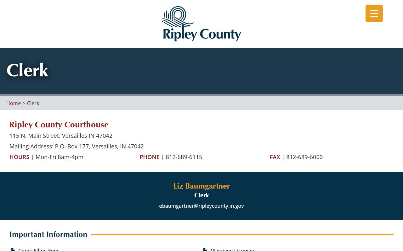 Ripley County clerk page showing probate court records services in Versailles Indiana