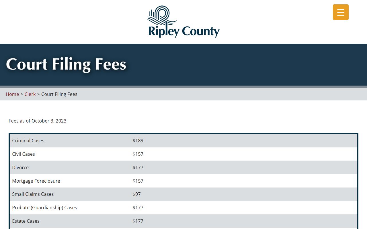 Ripley County court filing fees page related to probate records access