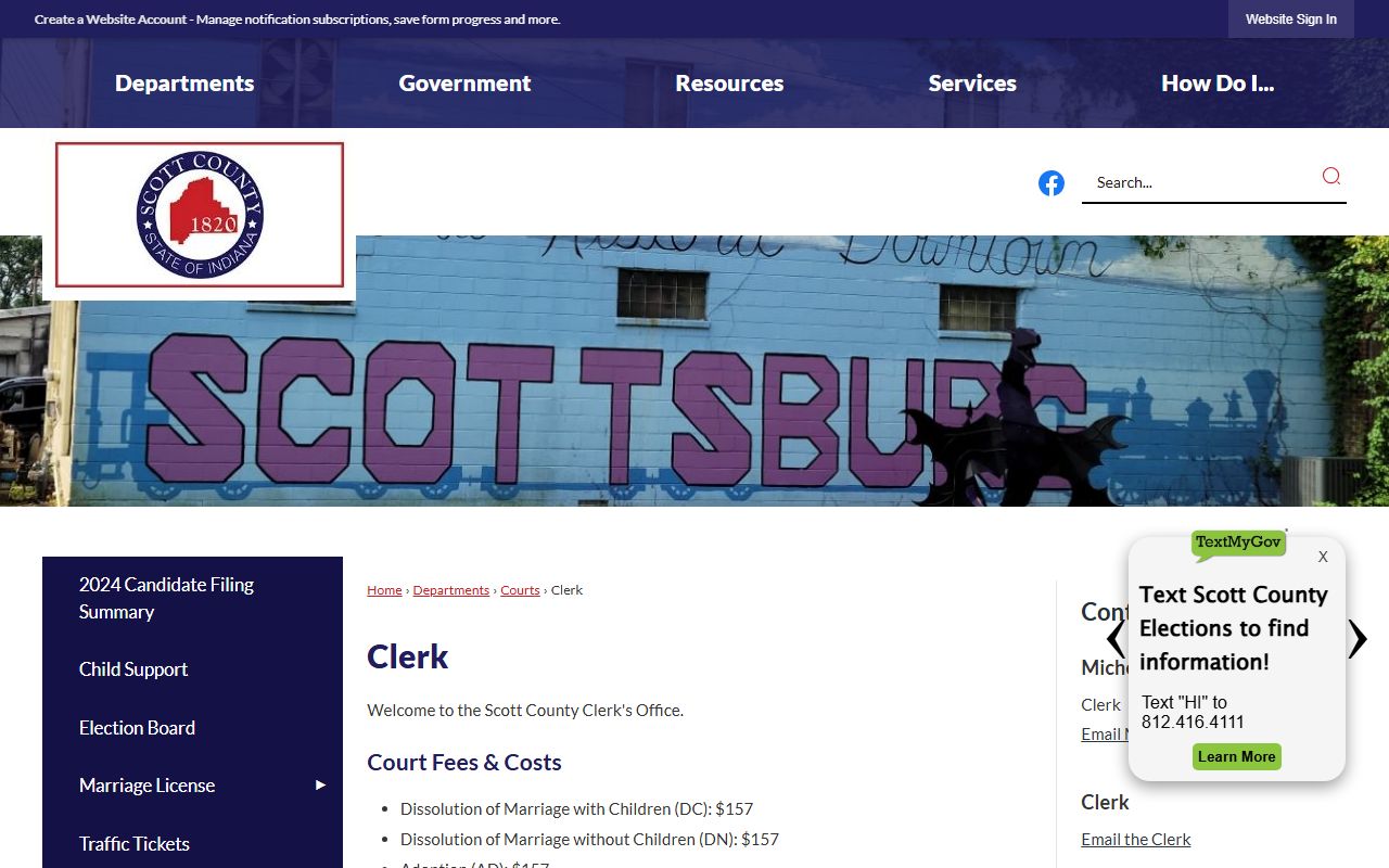 Scott County clerk office page related to probate court records in Scottsburg Indiana