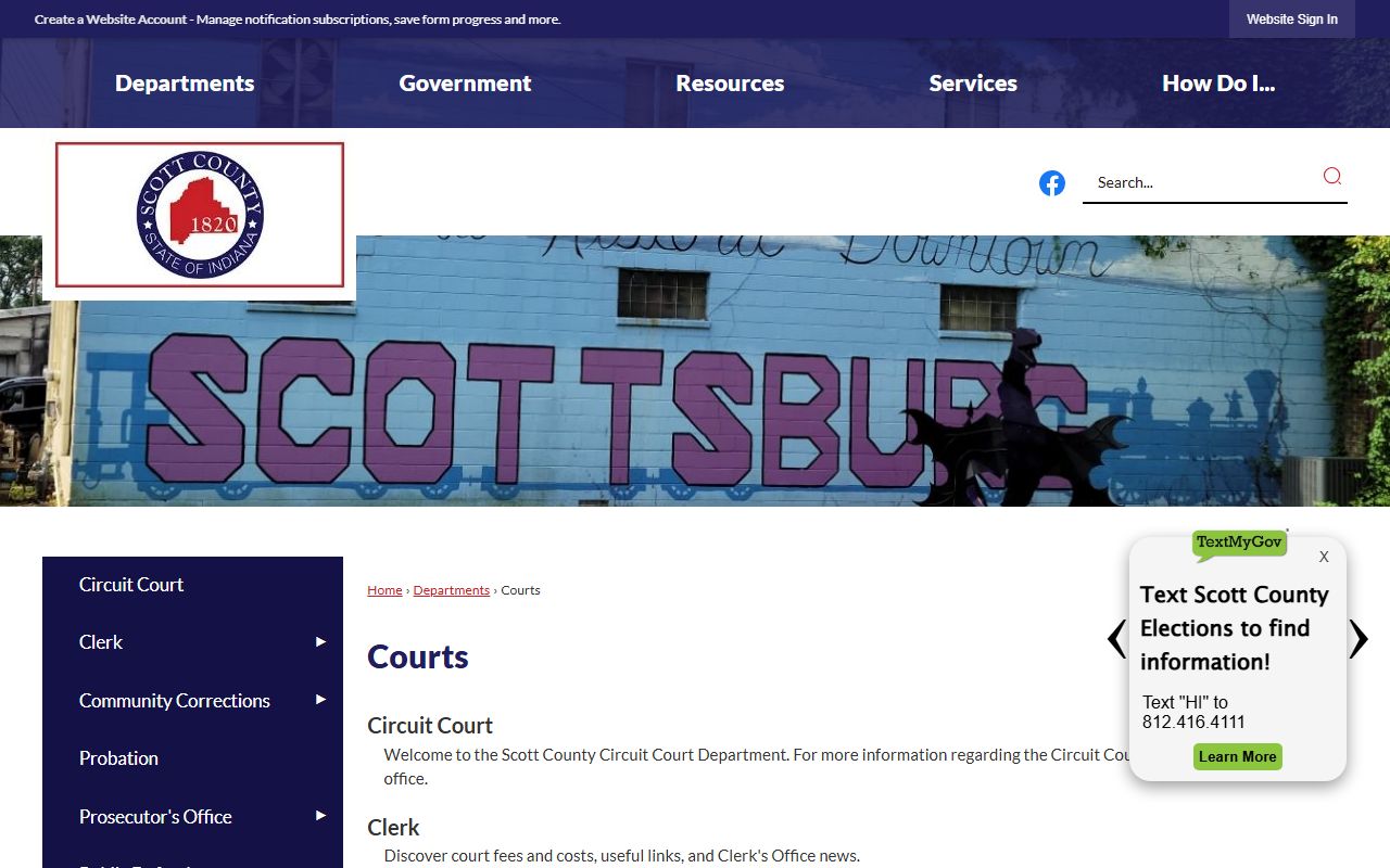 Scott County courts page for probate and estate records access in Scottsburg