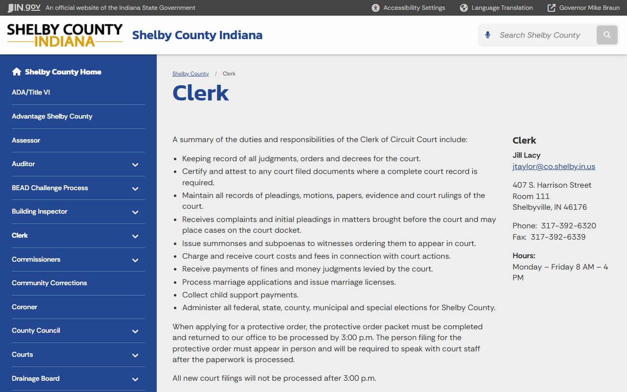 Indiana state clerk page for Shelby County probate court records in Shelbyville