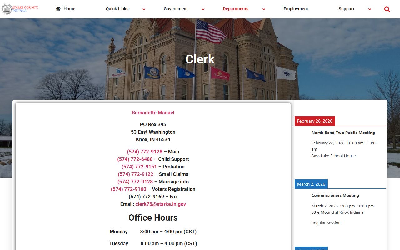 Starke County clerk department page for probate court records in Knox Indiana