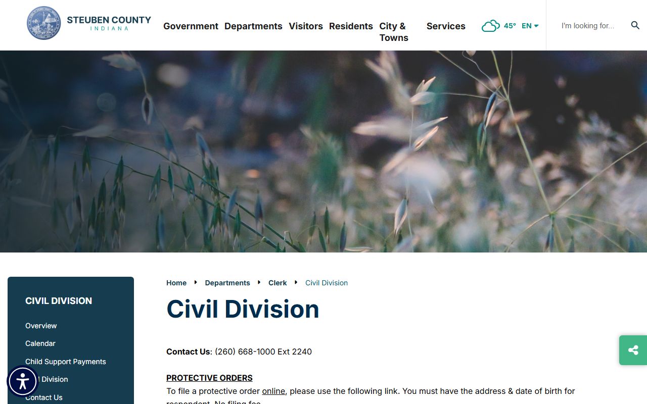 Steuben County clerk civil division page for probate court records access in Angola