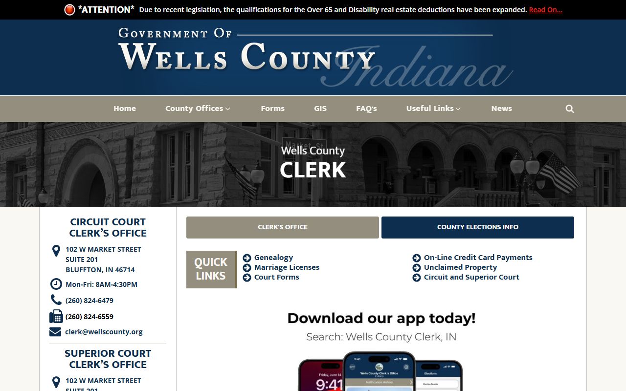 Wells County Clerk Office probate court records access Bluffton