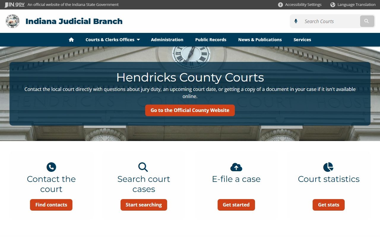 Indiana local courts directory showing Hendricks County probate court records page