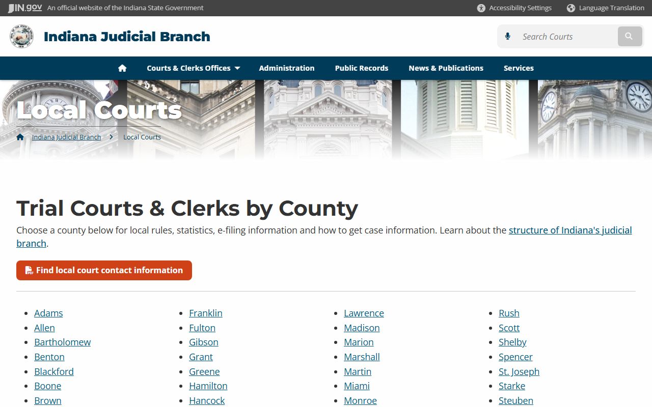 Indiana courts local directory listing all 92 county court pages for probate court records