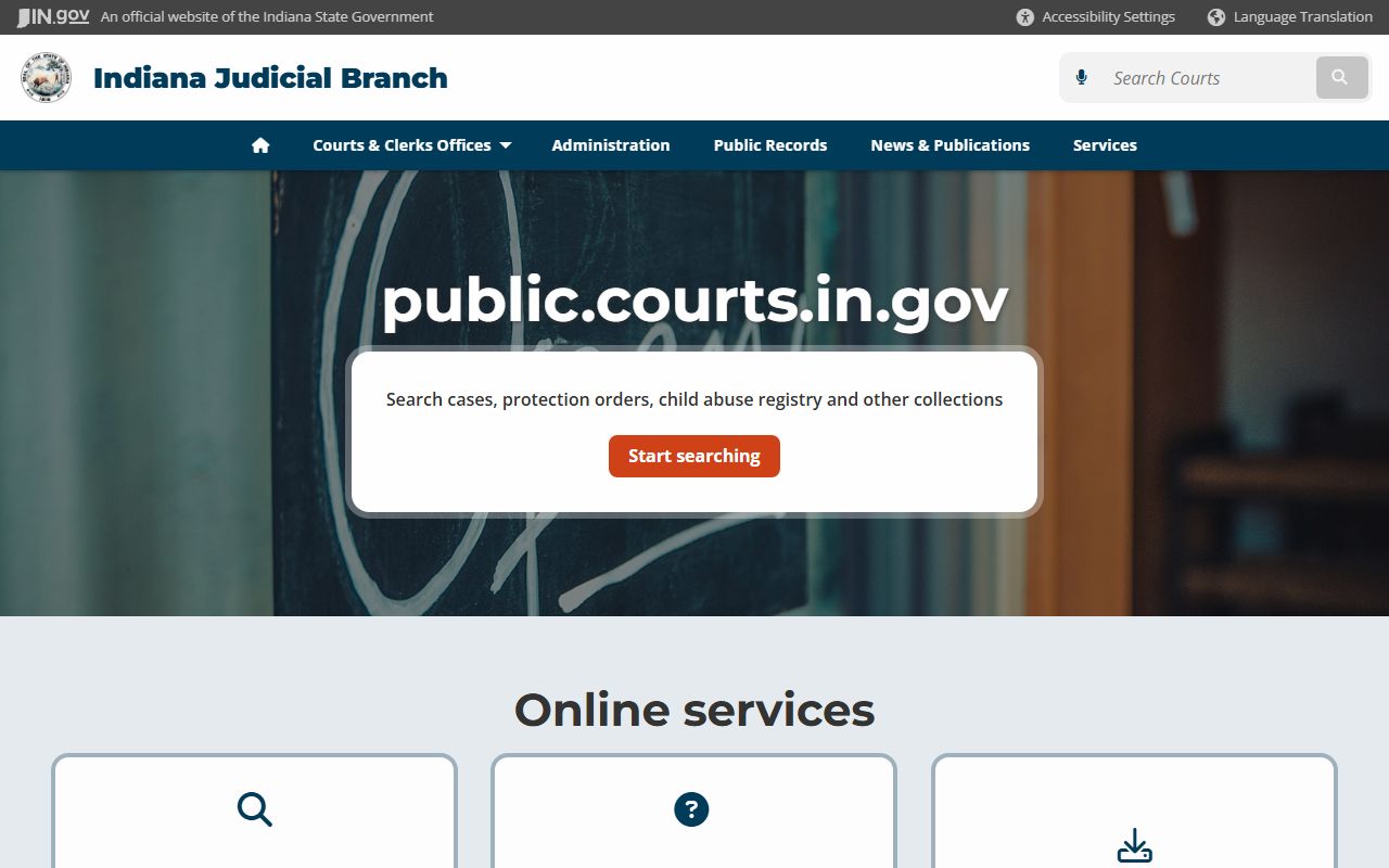Indiana Judicial Branch public records page for searching Indiana probate court records